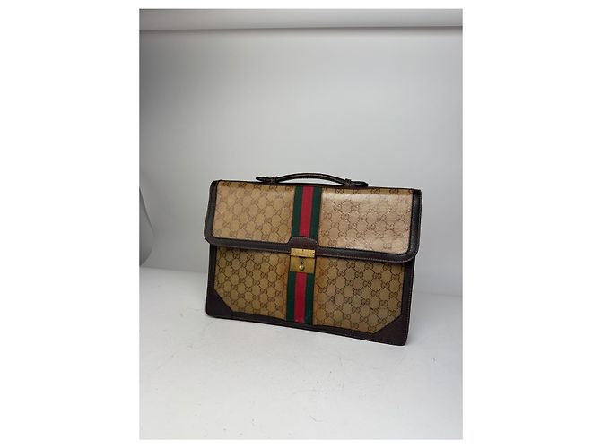 Brevettato in pelle monogramma Gucci vintage marrone dorato - vista 5