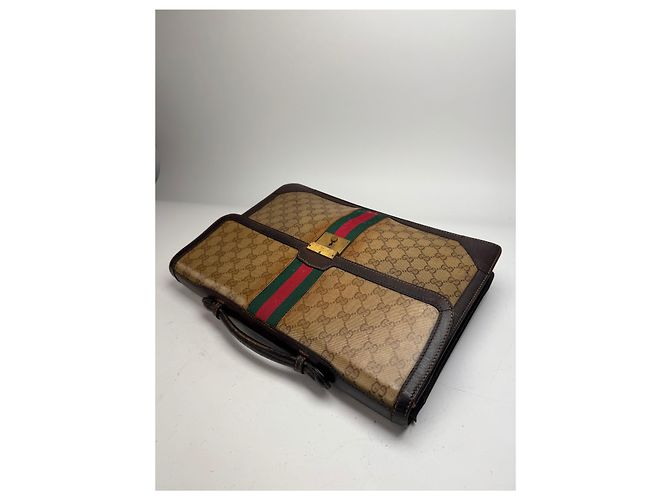 Brevettato in pelle monogramma Gucci vintage marrone dorato - vista 9