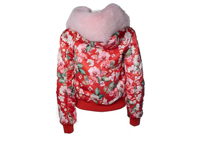 Philipp Plein roter Orchideen-Print Bomber mit Fell Pink - Ansicht 3