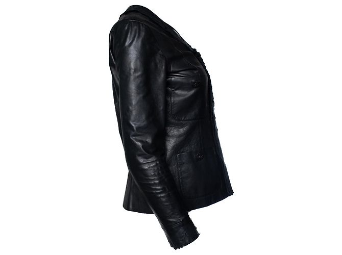 Chanel, schwarze geraffte Jacke mit 4 Taschen aus Leder - Ansicht 2