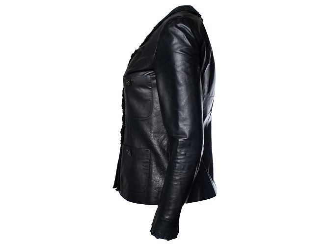 Chanel, schwarze geraffte Jacke mit 4 Taschen aus Leder - Ansicht 4