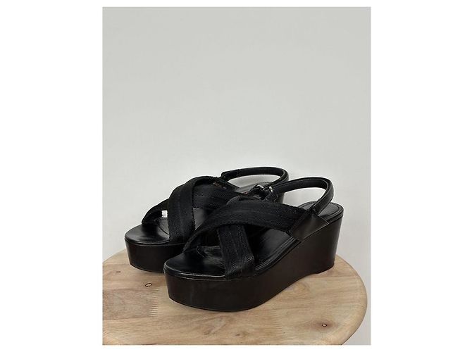 Prada Wedge Platform Sandals Black Leather - view 2