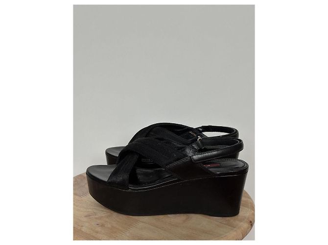 Prada Wedge Platform Sandals Black Leather - view 3