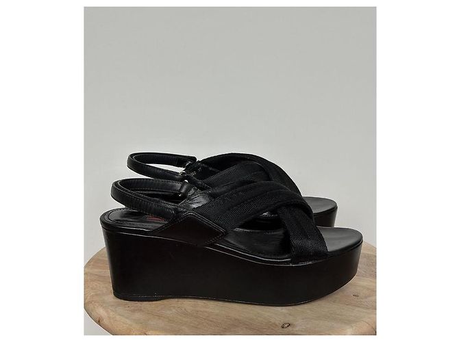 Prada Wedge Platform Sandals Black Leather - view 4