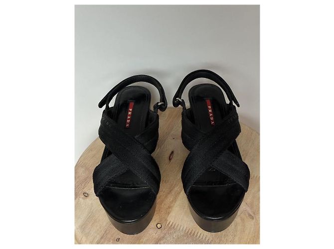 Prada Wedge Platform Sandals Black Leather - view 6