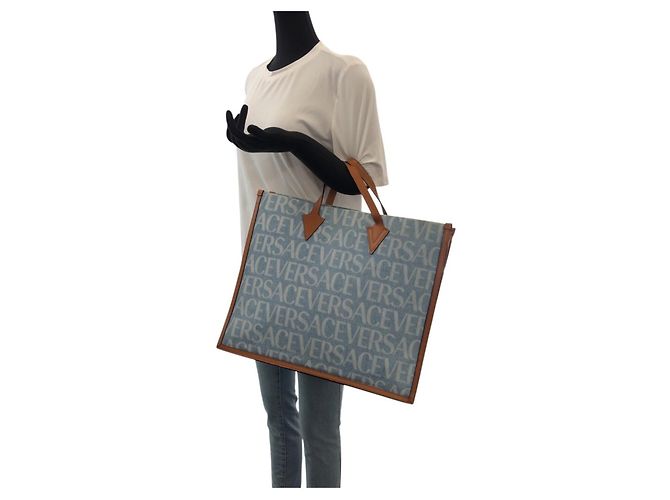 Borsa Tote in Denim Versace Marrone Blu - vista 7