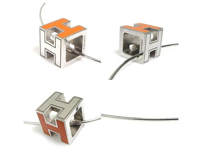 Collana H Cube Hermès Argento Arancione - vista 4