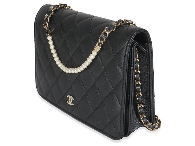 Wallet On Chain Cartera de Perlas de Cordero Gris Oscuro Iridiscente con Cadena de Chanel Castaño - vista 2