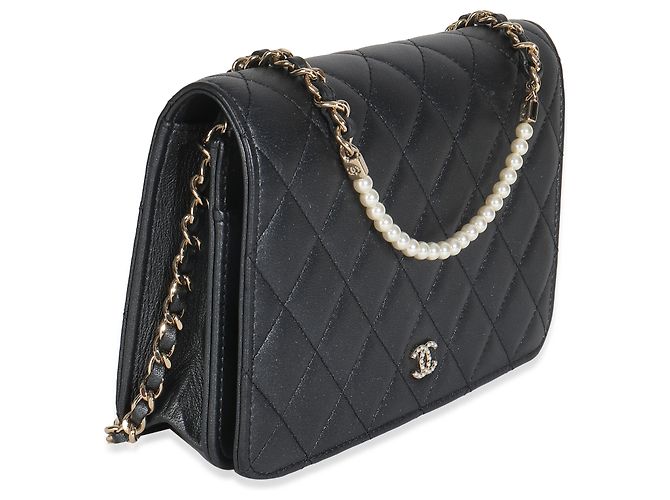 Wallet On Chain Cartera de Perlas de Cordero Gris Oscuro Iridiscente con Cadena de Chanel Castaño - vista 3