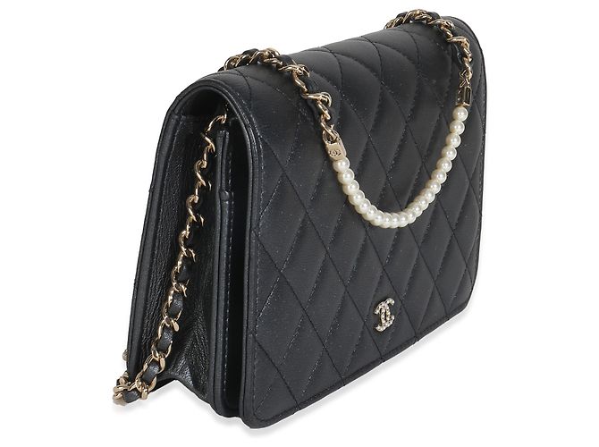 Wallet On Chain Cartera de Perlas de Cordero Gris Oscuro Iridiscente con Cadena de Chanel Castaño - vista 4