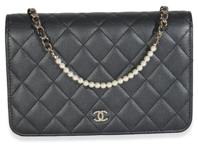 Wallet On Chain Cartera de Perlas de Cordero Gris Oscuro Iridiscente con Cadena de Chanel Castaño - vista 8
