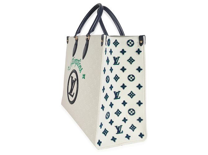 Louis Vuitton Blu Beige Jacquard Ricamato Tappezzato Monogram Hamptons Onthego G - vista 3