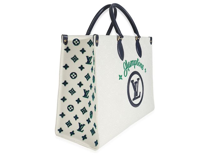 Louis Vuitton Blu Beige Jacquard Ricamato Tappezzato Monogram Hamptons Onthego G - vista 4