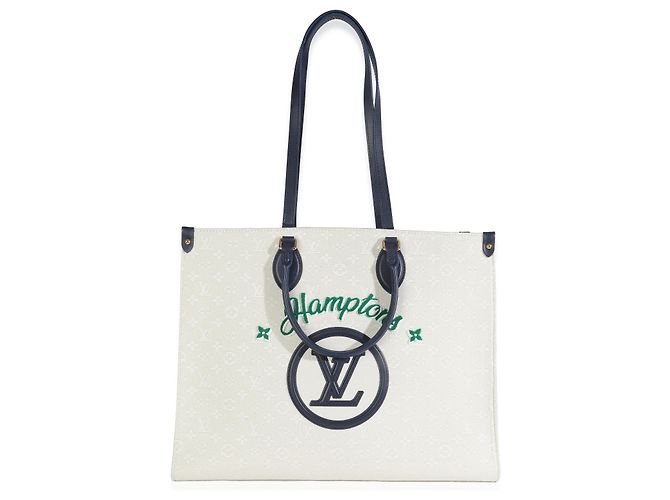 Louis Vuitton Blu Beige Jacquard Ricamato Tappezzato Monogram Hamptons Onthego G - vista 5