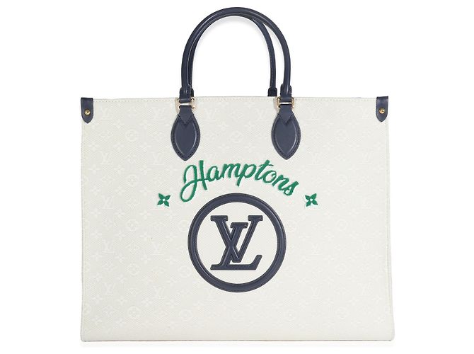 Louis Vuitton Blu Beige Jacquard Ricamato Tappezzato Monogram Hamptons Onthego G - vista 8
