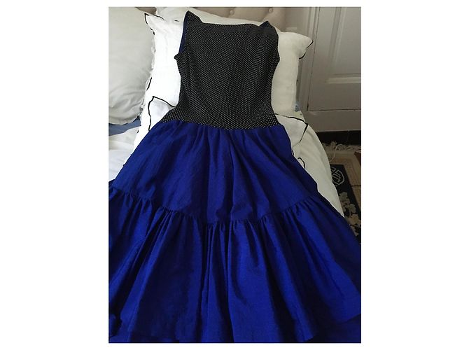 Autre Marque Jacques Gratz Cocktailkleid Blau Satin mit Punkten - Ansicht 3