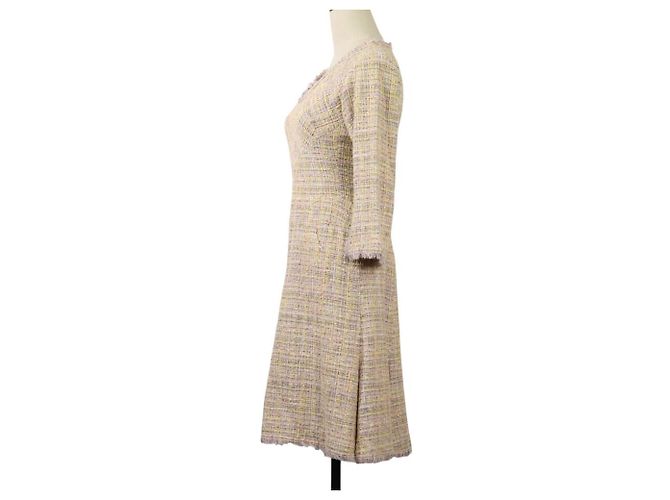 Timeless Chanel V-Ausschnitt Sommer-Tweed-Kleid Pink Mehrfarben Lila Gelb - Ansicht 3
