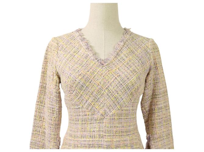 Timeless Chanel V-Ausschnitt Sommer-Tweed-Kleid Pink Mehrfarben Lila Gelb - Ansicht 4
