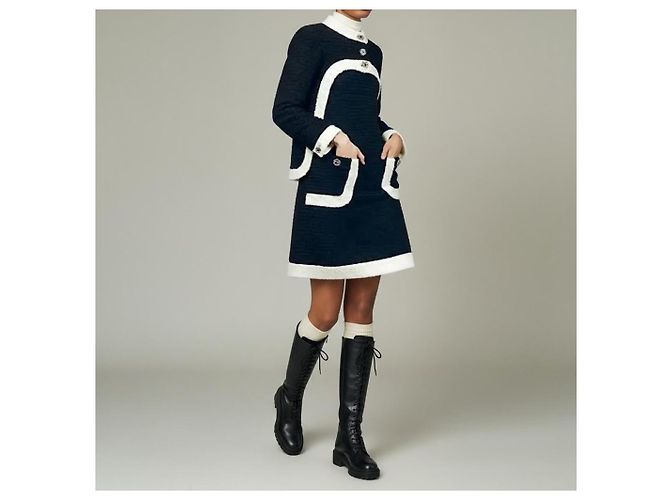 Completo Chanel Abito e Giacca in Tweed Nero e Blu Navy - vista 10