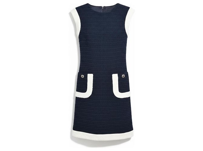 Completo Chanel Abito e Giacca in Tweed Nero e Blu Navy - vista 2