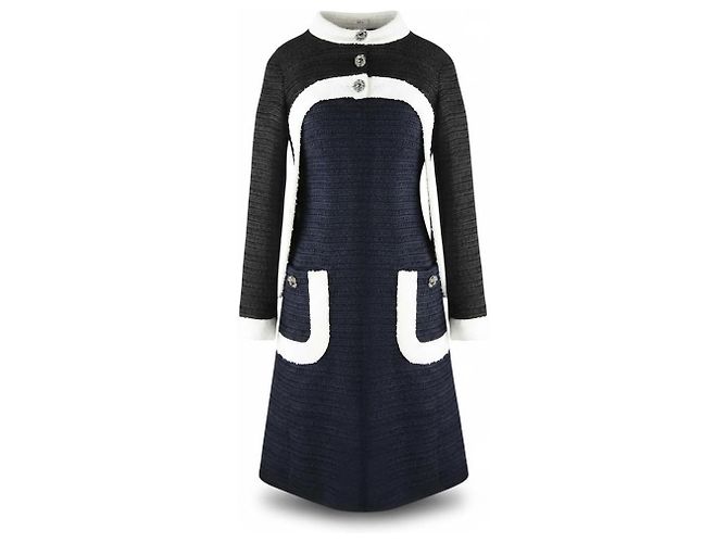 Completo Chanel Abito e Giacca in Tweed Nero e Blu Navy - vista 4
