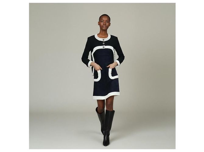 Completo Chanel Abito e Giacca in Tweed Nero e Blu Navy - vista 8