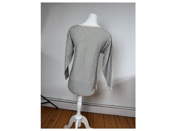 Vintage Yves Saint Laurent gestreifter Wollpullover 36/S Marinebeige Weiß - Ansicht 3