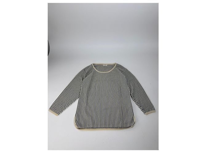 Vintage Yves Saint Laurent gestreifter Wollpullover 36/S Marinebeige Weiß - Ansicht 4