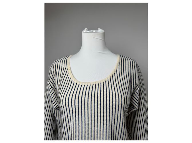 Vintage Yves Saint Laurent gestreifter Wollpullover 36/S Marinebeige Weiß - Ansicht 9