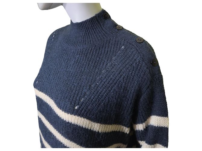 La petite française Pullover Der Kleine Stern Gestreift Blau Weiß Wolle Mohair - Ansicht 2