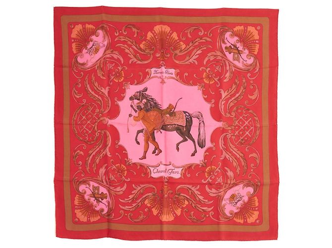 Hermès 1970 Quadratisches Tuch 90 Cheval Turc aus rosa gefärbter Seidentwill Pink - Ansicht 2