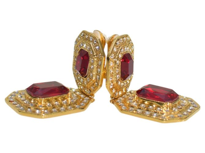Alessandra Rich Gold-Tone Metal, Red Large Crystal & Clear Clip-On Earrings - view 10