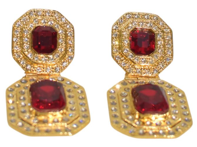 Alessandra Rich Gold-Tone Metal, Red Large Crystal & Clear Clip-On Earrings - view 4