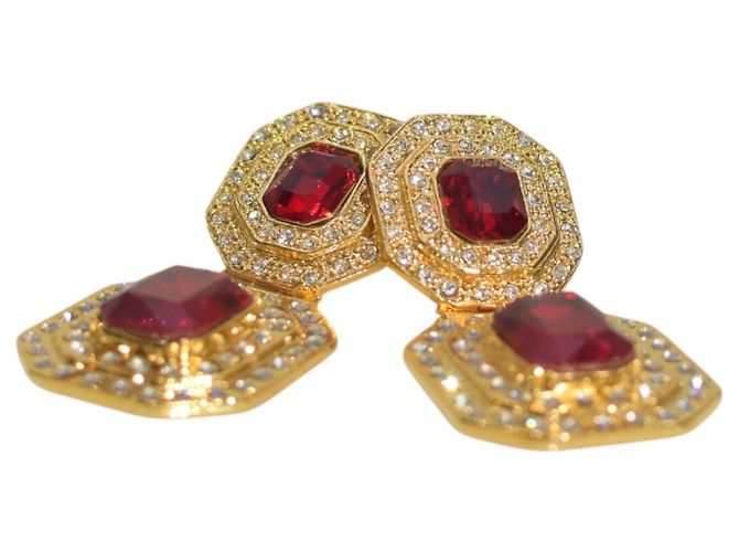 Alessandra Rich Gold-Tone Metal, Red Large Crystal & Clear Clip-On Earrings - view 8