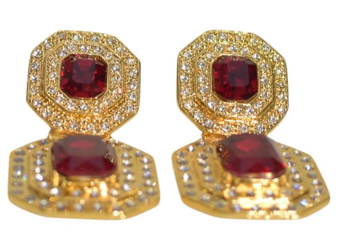 Alessandra Rich Gold-Tone Metal, Red Large Crystal & Clear Clip-On Earrings - view 9