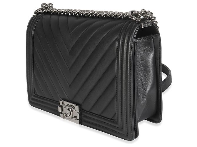 Borsa Boy Nuova Media in Pelle di Vitello Nera Trapuntata a Chevron di Chanel Nero - vista 3