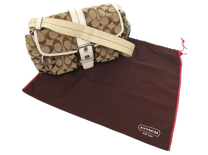 Borsa a Spalla in Tela e Pelle Firmata Coach Marrone Beige - vista 2
