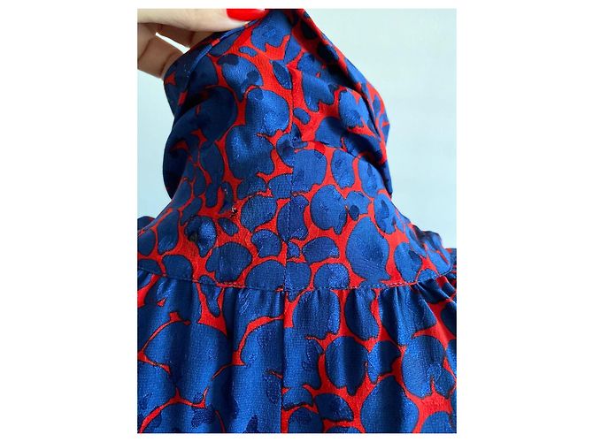 Abito in seta Yves Saint Laurent blu elettrico e rosso - vista 5