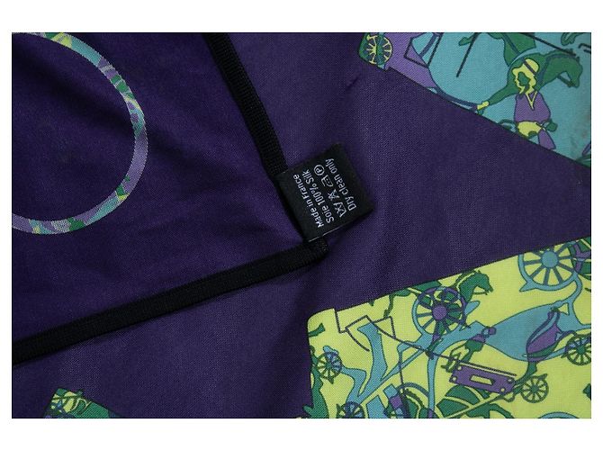 Lenço de seda Kelly da Hermès com estampa de carroça em roxo Verde Amarelo - vista 5