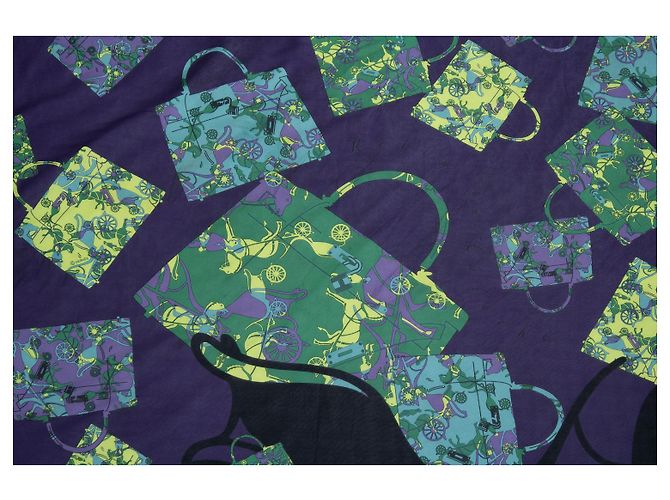 Lenço de seda Kelly da Hermès com estampa de carroça em roxo Verde Amarelo - vista 8