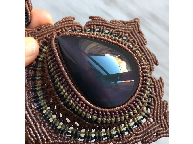 Autre Marque Collana Argentin Micromacramé Obsidiana Occhio Celeste Nero Marrone chiaro - vista 10