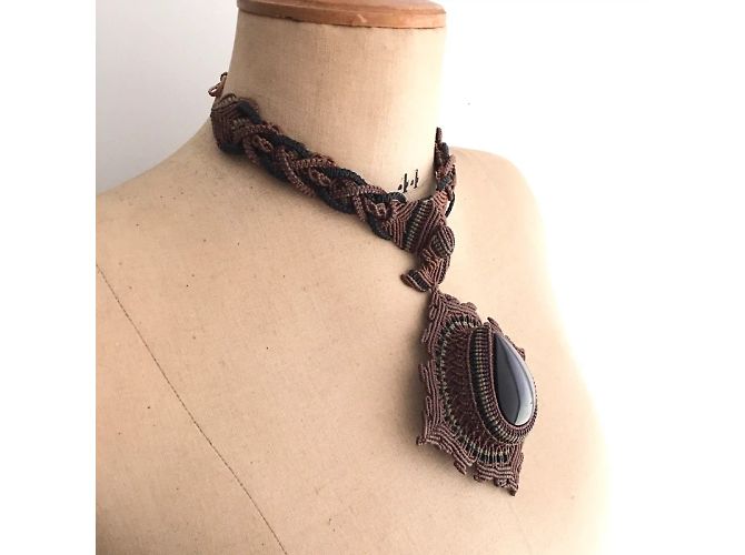 Autre Marque Collana Argentin Micromacramé Obsidiana Occhio Celeste Nero Marrone chiaro - vista 2