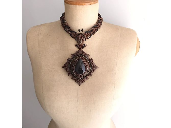 Autre Marque Collana Argentin Micromacramé Obsidiana Occhio Celeste Nero Marrone chiaro - vista 3