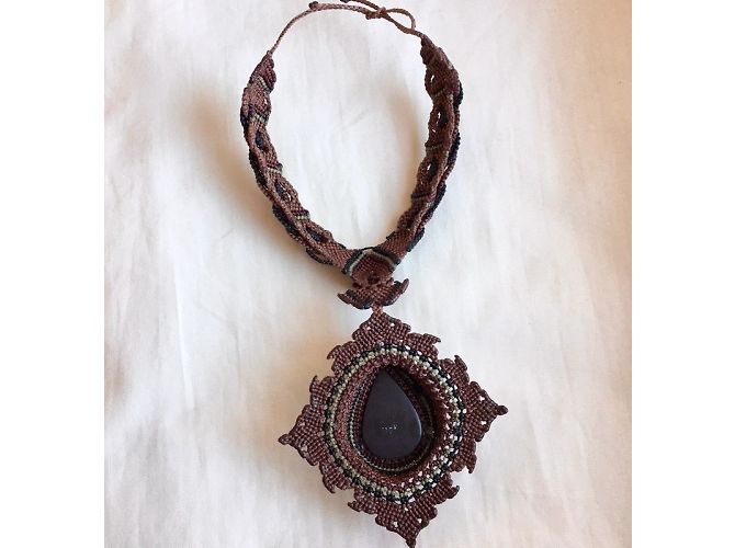 Autre Marque Collana Argentin Micromacramé Obsidiana Occhio Celeste Nero Marrone chiaro - vista 7