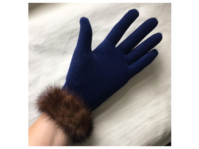 Autre Marque Blaue Handschuhe mit Visonbesatz Braun - Ansicht 2