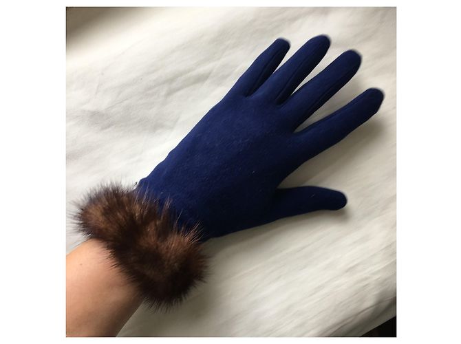 Autre Marque Blaue Handschuhe mit Visonbesatz Braun - Ansicht 3