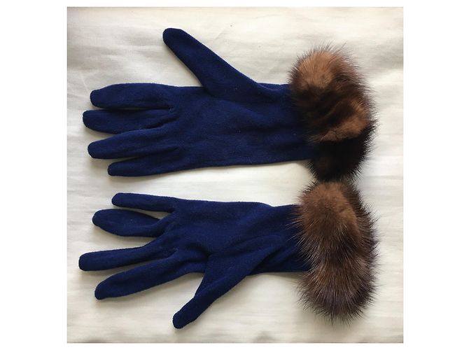 Autre Marque Blaue Handschuhe mit Visonbesatz Braun - Ansicht 4