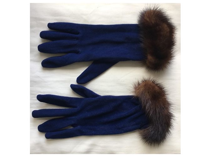 Autre Marque Blaue Handschuhe mit Visonbesatz Braun - Ansicht 5