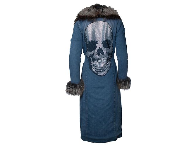 Philipp Plein, abrigo de mezclilla con cuello de piel Azul - vista 2