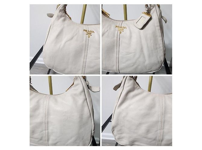 Prada Vitello Daino Leder Hobo Tasche Off-White Roh - Ansicht 10